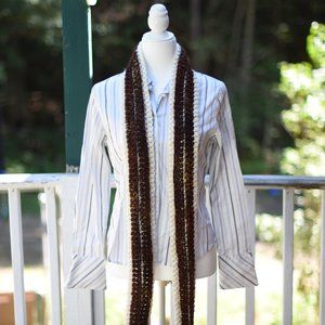 handmade crocheted long brown and white scarf